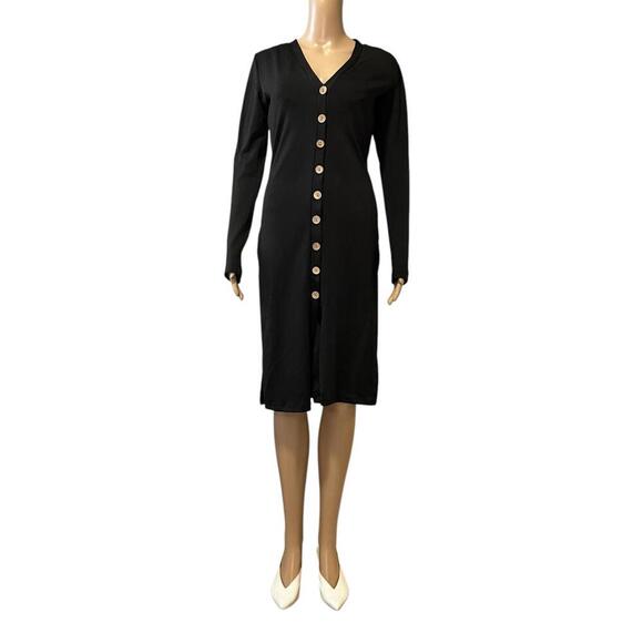 Sweaters - Chic Black Button-Up Midi Dress/cardigan